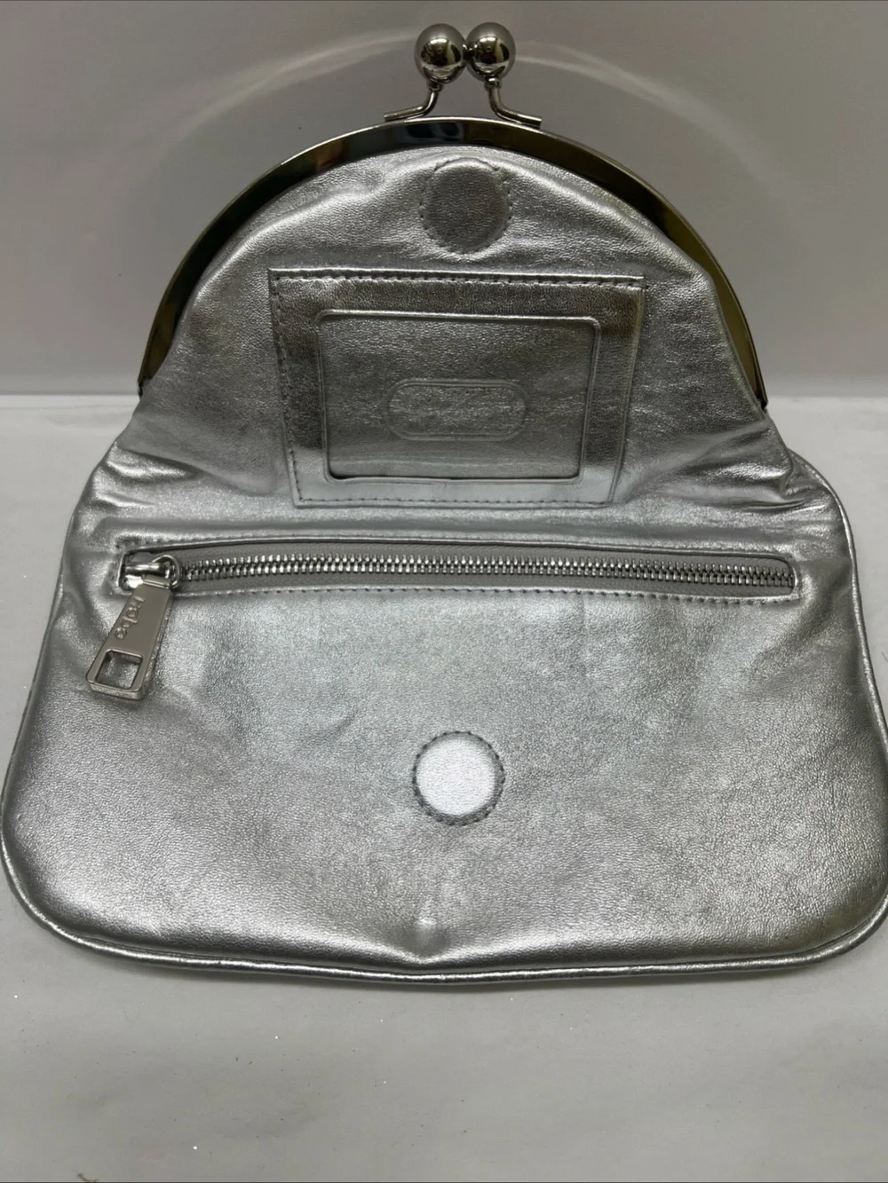 HOBO Lauren Metallic Silver Leather Kiss Lock Clutch Wallet